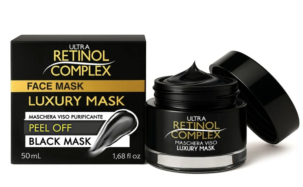 RETINOL COMPLEX Maschera viso purificante peel-off di colore nero.